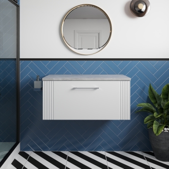 Nuie Deco Wall Hung 1-Drawer Vanity Unit with Bellato Grey Worktop 800mm Wide - Satin White