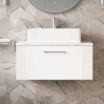 Nuie Deco Wall Hung 1-Drawer Vanity Unit with Carrera Marble Worktop 800mm Wide - Satin White | Product Image
