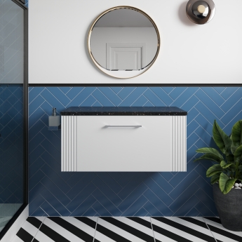 Nuie Deco Wall Hung 1-Drawer Vanity Unit with Sparkling Black Worktop 800mm Wide - Satin White