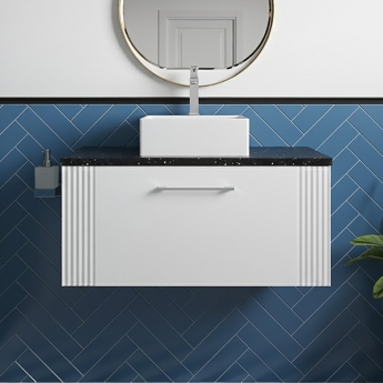 Nuie Deco Wall Hung 1-Drawer Vanity Unit with Sparkling Black Worktop 800mm Wide - Satin White