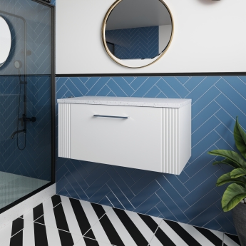 Nuie Deco Wall Hung 1-Drawer Vanity Unit with Sparkling White Worktop 800mm Wide - Satin White