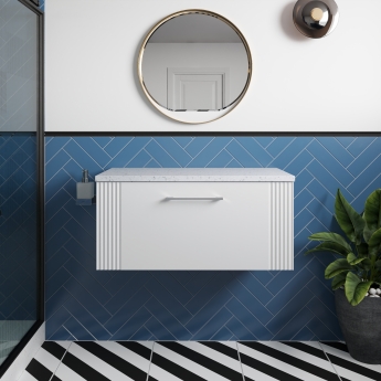 Nuie Deco Wall Hung 1-Drawer Vanity Unit with Sparkling White Worktop 800mm Wide - Satin White