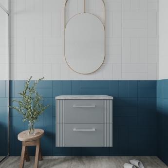 Nuie Deco Wall Hung 2-Drawer Vanity Unit with Bellato Grey Worktop 600mm Wide - Satin Grey