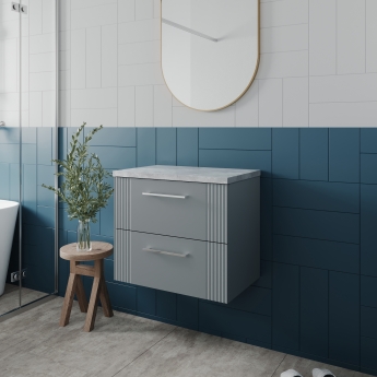 Nuie Deco Wall Hung 2-Drawer Vanity Unit with Bellato Grey Worktop 600mm Wide - Satin Grey