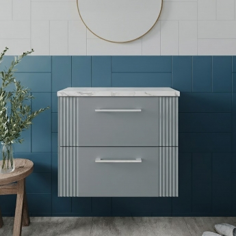 Nuie Deco Wall Hung 2-Drawer Vanity Unit with Carrera Marble Worktop 600mm Wide - Satin Grey | Product Image