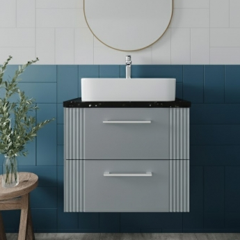 Nuie Deco Wall Hung 2-Drawer Vanity Unit with Sparkling Black Worktop 600mm Wide - Satin Grey