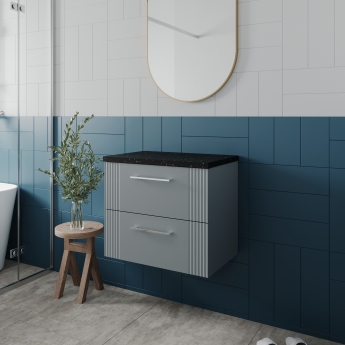 Nuie Deco Wall Hung 2-Drawer Vanity Unit with Sparkling Black Worktop 600mm Wide - Satin Grey