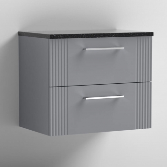 Nuie Deco Wall Hung 2-Drawer Vanity Unit with Sparkling Black Worktop 600mm Wide - Satin Grey