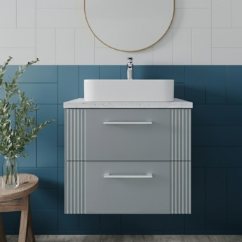 Nuie Deco Wall Hung 2-Drawer Vanity Unit with Sparkling White Worktop 600mm Wide - Satin Grey