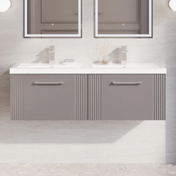 Nuie Deco Wall Hung 2-Drawer Vanity Unit with Double Polymarble Basin 1200mm Wide - Satin Grey