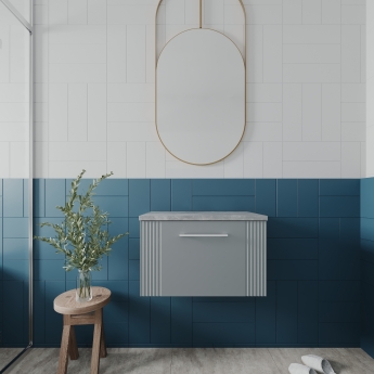 Nuie Deco Wall Hung 1-Drawer Vanity Unit with Bellato Grey Worktop 600mm Wide - Satin Grey