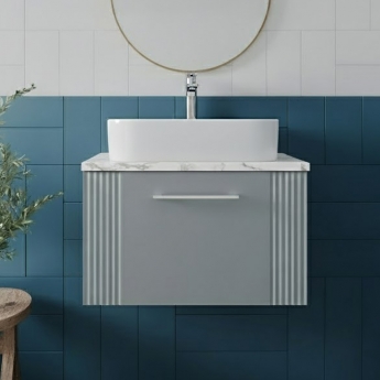 Nuie Deco Wall Hung 1-Drawer Vanity Unit with Carrera Marble Worktop 600mm Wide - Satin Grey | Product Image