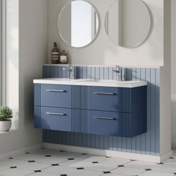 Nuie Deco Wall Hung 4-Drawer Vanity Unit with Double Polymarble Basin 1200mm Wide - Satin Blue
