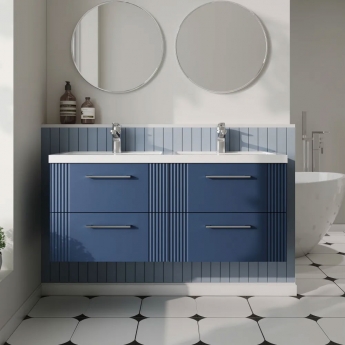 Nuie Deco Wall Hung 4-Drawer Vanity Unit with Double Polymarble Basin 1200mm Wide - Satin Blue