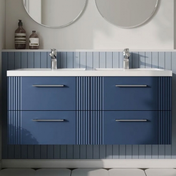 Nuie Deco Wall Hung 4-Drawer Vanity Unit with Double Polymarble Basin 1200mm Wide - Satin Blue
