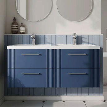 Nuie Deco Wall Hung 4-Drawer Vanity Unit with Double Polymarble Basin 1200mm Wide - Satin Blue | Product Image