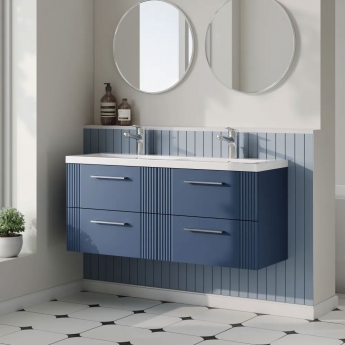 Nuie Deco Wall Hung 4-Drawer Vanity Unit with Double Ceramic Basin 1200mm Wide - Satin Blue