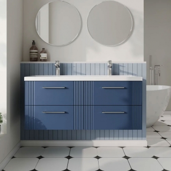Nuie Deco Wall Hung 4-Drawer Vanity Unit with Double Ceramic Basin 1200mm Wide - Satin Blue