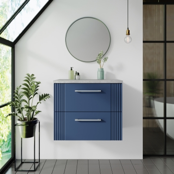 Nuie Deco Wall Hung 2-Drawer Vanity Unit with Bellato Grey Worktop 600mm Wide - Satin Blue