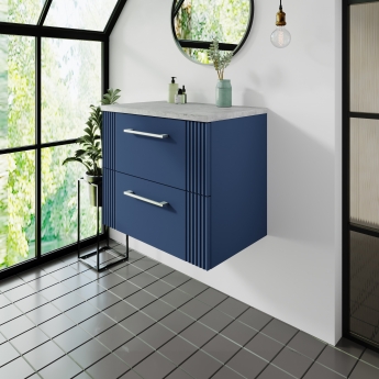Nuie Deco Wall Hung 2-Drawer Vanity Unit with Bellato Grey Worktop 600mm Wide - Satin Blue
