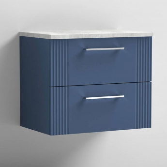 Nuie Deco Wall Hung 2-Drawer Vanity Unit with Bellato Grey Worktop 600mm Wide - Satin Blue