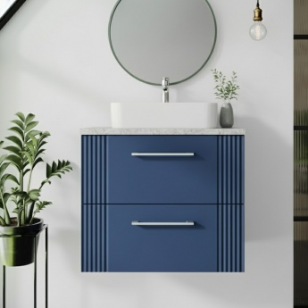 Nuie Deco Wall Hung 2-Drawer Vanity Unit with Bellato Grey Worktop 600mm Wide - Satin Blue
