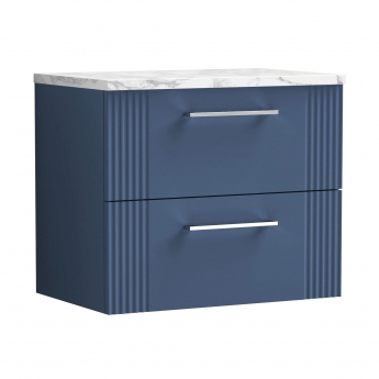 Nuie Deco Wall Hung 2-Drawer Vanity Unit with Carrera Marble Worktop 600mm Wide - Satin Blue | Product Image