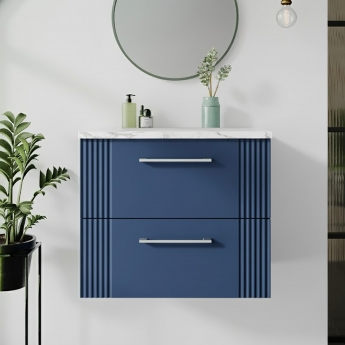 Nuie Deco Wall Hung 2-Drawer Vanity Unit with Carrera Marble Worktop 600mm Wide - Satin Blue | Product Image