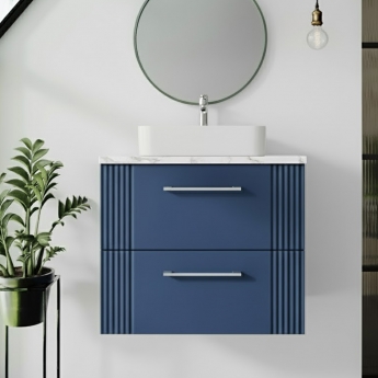 Nuie Deco Wall Hung 2-Drawer Vanity Unit with Carrera Marble Worktop 600mm Wide - Satin Blue | Product Image
