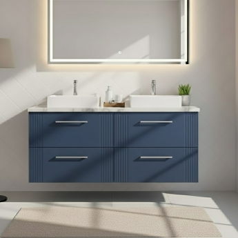 Nuie Deco Wall Hung 4-Drawer Vanity Unit with Carrera Marble Worktop 1200mm Wide - Satin Blue | Product Image