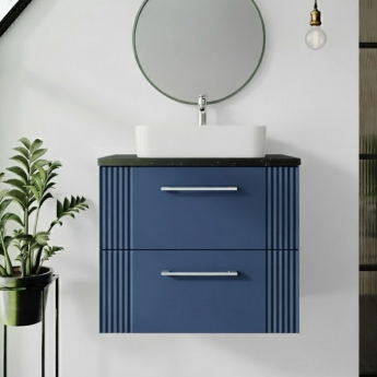 Nuie Deco Wall Hung 2-Drawer Vanity Unit with Sparkling Black Worktop 600mm Wide - Satin Blue