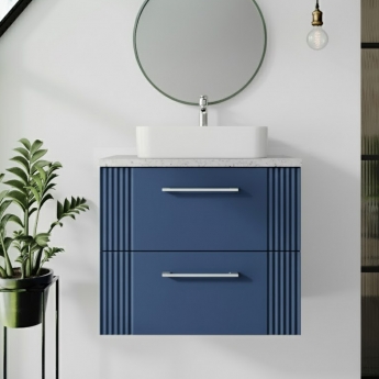 Nuie Deco Wall Hung 2-Drawer Vanity Unit with Sparkling White Worktop 600mm Wide - Satin Blue