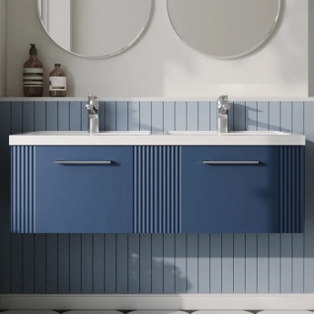Nuie Deco Wall Hung 2-Drawer Vanity Unit with Double Polymarble Basin 1200mm Wide - Satin Blue