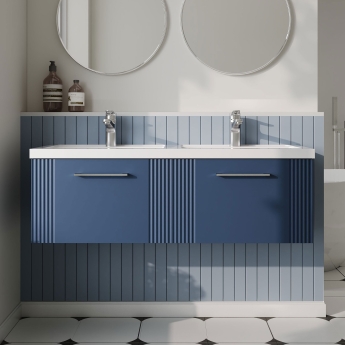 Nuie Deco Wall Hung 2-Drawer Vanity Unit with Double Polymarble Basin 1200mm Wide - Satin Blue | Product Image