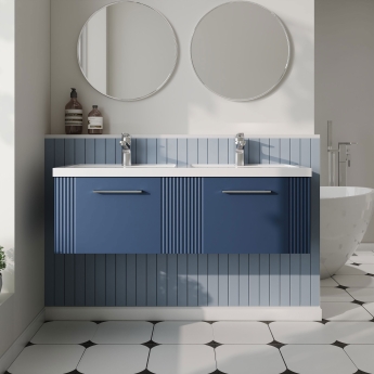 Nuie Deco Wall Hung 2-Drawer Vanity Unit with Double Polymarble Basin 1200mm Wide - Satin Blue | Product Image