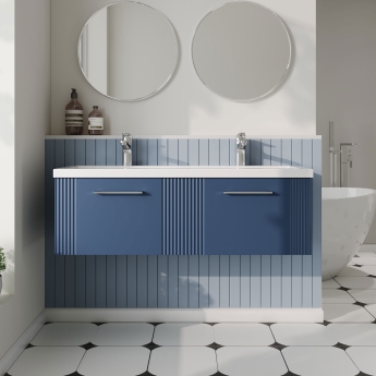 Nuie Deco Wall Hung 2-Drawer Vanity Unit with Double Ceramic Basin 1200mm Wide - Satin Blue | Product Image