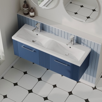 Nuie Deco Wall Hung 2-Drawer Vanity Unit with Double Ceramic Basin 1200mm Wide - Satin Blue | Product Image