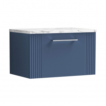 Nuie Deco Wall Hung 1-Drawer Vanity Unit with Carrera Marble Worktop 600mm Wide - Satin Blue | Product Image