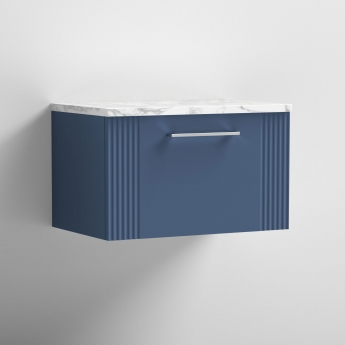 Nuie Deco Wall Hung 1-Drawer Vanity Unit with Carrera Marble Worktop 600mm Wide - Satin Blue | Product Image