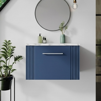Nuie Deco Wall Hung 1-Drawer Vanity Unit with Carrera Marble Worktop 600mm Wide - Satin Blue | Product Image