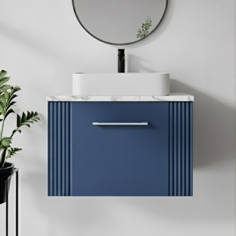 Nuie Deco Wall Hung 1-Drawer Vanity Unit with Carrera Marble Worktop 600mm Wide - Satin Blue | Product Image