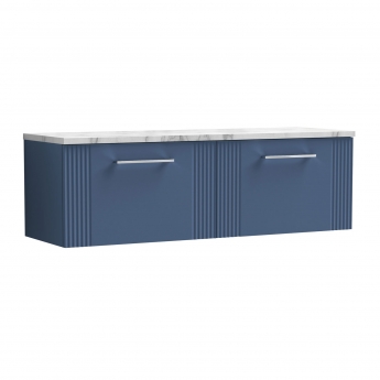 Nuie Deco Wall Hung 2-Drawer Vanity Unit with Carrera Marble Worktop 1200mm Wide - Satin Blue | Product Image