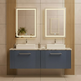Nuie Deco Wall Hung 2-Drawer Vanity Unit with Carrera Marble Worktop 1200mm Wide - Satin Blue | Product Image