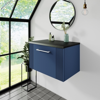 Nuie Deco Wall Hung 1-Drawer Vanity Unit with Sparkling Black Worktop 600mm Wide - Satin Blue