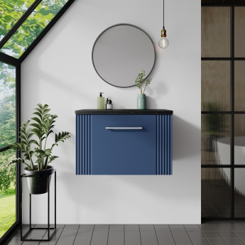 Nuie Deco Wall Hung 1-Drawer Vanity Unit with Sparkling Black Worktop 600mm Wide - Satin Blue