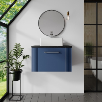 Nuie Deco Wall Hung 1-Drawer Vanity Unit with Bellato Grey Worktop 600mm Wide - Satin Blue