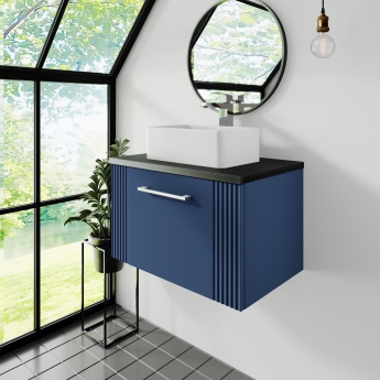 Nuie Deco Wall Hung 1-Drawer Vanity Unit with Sparkling Black Worktop 600mm Wide - Satin Blue