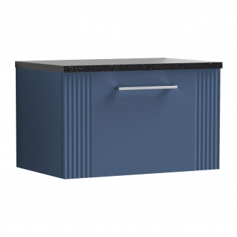 Nuie Deco Wall Hung 1-Drawer Vanity Unit with Sparkling Black Worktop 600mm Wide - Satin Blue