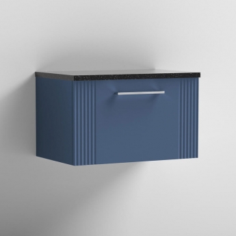 Nuie Deco Wall Hung 1-Drawer Vanity Unit with Sparkling Black Worktop 600mm Wide - Satin Blue