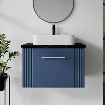 Nuie Deco Wall Hung 1-Drawer Vanity Unit with Sparkling Black Worktop 600mm Wide - Satin Blue